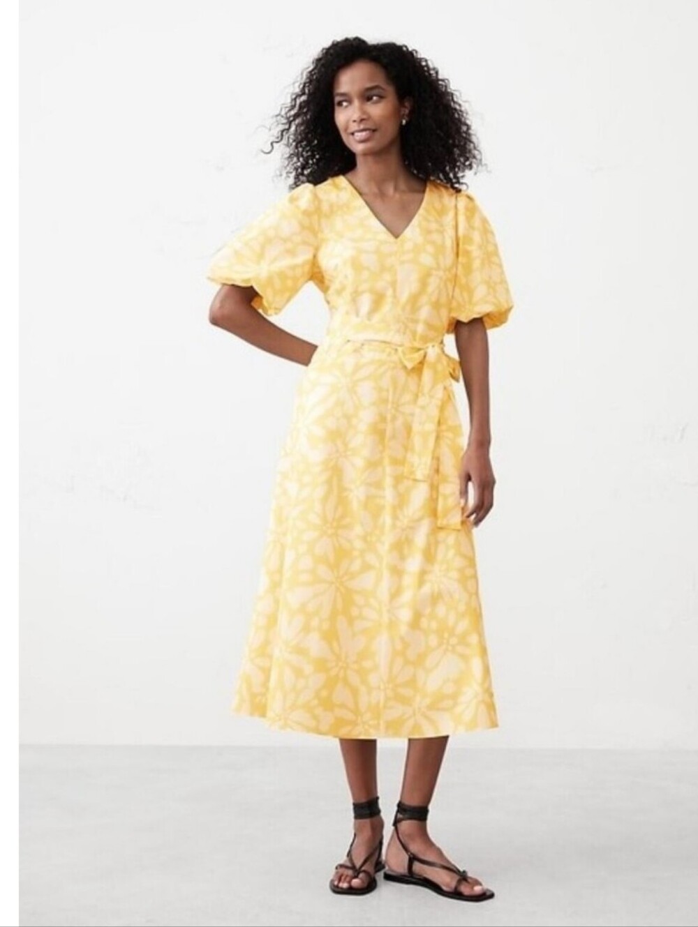 Banana Republic Puff-Sleeve Poplin Yellow Floral 100% Cotton Midi Dress